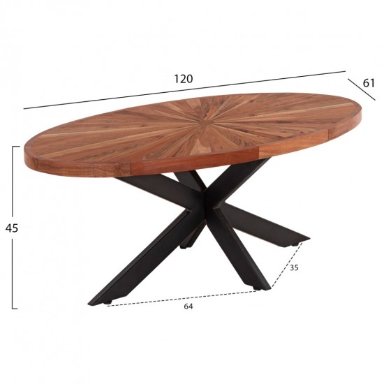 ΤΡΑΠΕΖΙ ΣΑΛΟΝΙΟΥ ΟΒΑΛ MONTANA SUPERIOR ΞΥΛΟ ΑΚΑΚΙΑΣ-ΜΕΤΑΛΛΟ 120x61x45Υεκ.