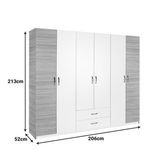 Ντουλάπα ρούχων Dormie εξάφυλλη με συρτάρια σε λευκή απόχρωση 206x52x213εκ