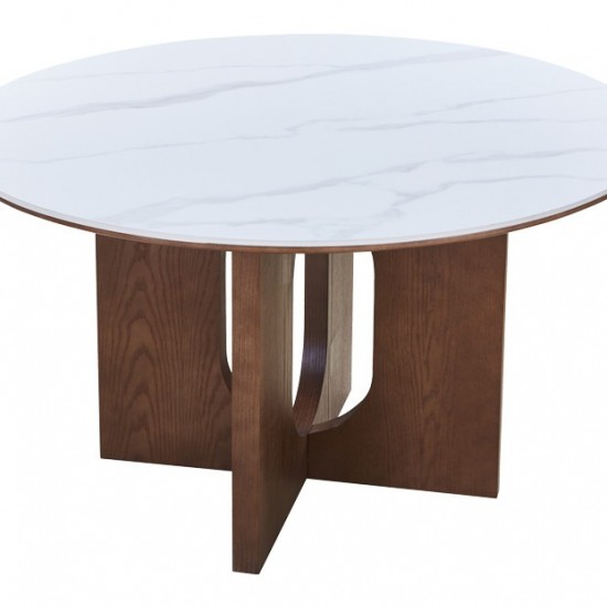 Τραπέζι Merge sintered stone-mdf σε λευκό μαρμάρου με καρυδί βάση Φ130x75εκ