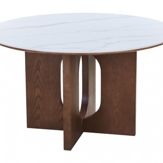 Τραπέζι Merge sintered stone-mdf σε λευκό μαρμάρου με καρυδί βάση Φ130x75εκ