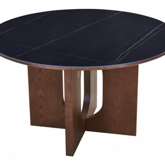 Τραπέζι Merge  sintered stone-mdf σε μαύρο μαρμάρου με καρυδί βάση Φ130x75εκ