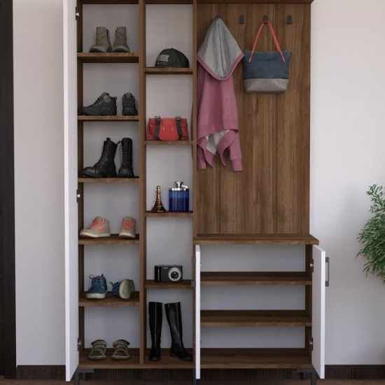 Έπιπλο εισόδου Melena με καθρέπτη-κρεμάστρα λευκό-καρυδί 120x37.5x199εκ