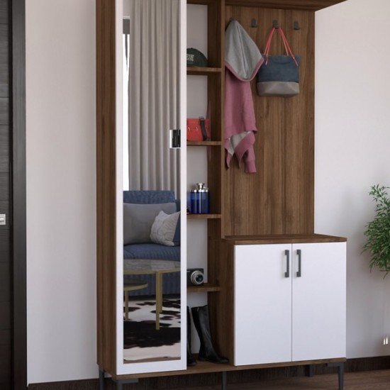 Έπιπλο εισόδου Melena με καθρέπτη-κρεμάστρα λευκό-καρυδί 120x37.5x199εκ