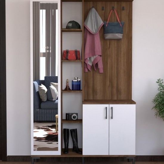 Έπιπλο εισόδου Melena με καθρέπτη-κρεμάστρα λευκό-καρυδί 120x37.5x199εκ