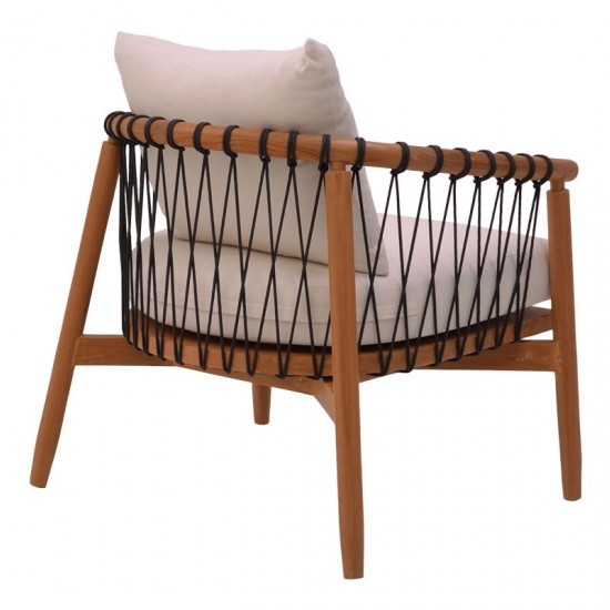 Πολυθρόνα Haribo φυσικό teak ξύλο-μαύρο σχοινί-λευκο μαξιλάρι 80x76x72εκ