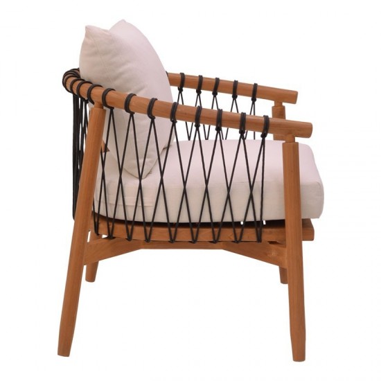 Πολυθρόνα Haribo φυσικό teak ξύλο-μαύρο σχοινί-λευκο μαξιλάρι 80x76x72εκ