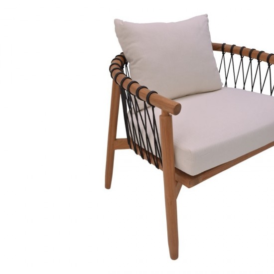 Πολυθρόνα Haribo φυσικό teak ξύλο-μαύρο σχοινί-λευκο μαξιλάρι 80x76x72εκ