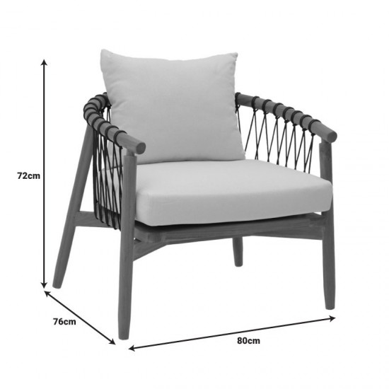 Πολυθρόνα Haribo φυσικό teak ξύλο-μαύρο σχοινί-λευκο μαξιλάρι 80x76x72εκ