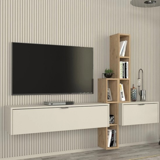 Σύνθεση τηλεόρασης επιτοίχια Edgar χρώμα sandstone - sepet oak 198,4x29,6x148,5εκ.
