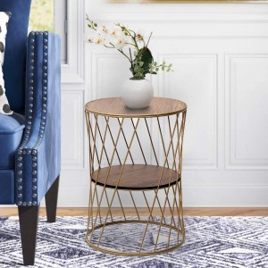 Βοηθητικό τραπεζάκι Jaspin μεταλλικό - Mdf χρώμα χρυσό - καρυδί 32x32x44εκ.