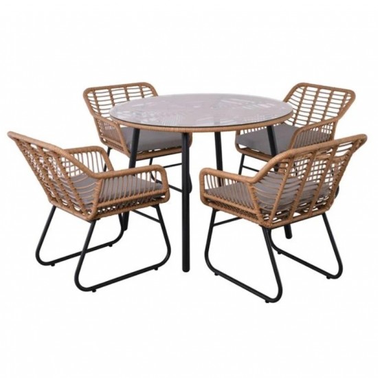 SALSA Τραπεζαρία: Μέταλλο Βαφή Μαύρο-Wicker Φυσικό, Μαξιλάρι Γκρι: Τραπέζι + 4 Πολυθρόνες