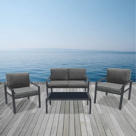 RIVIAN Set Σαλόνι Κήπου 4τεμ, Μέταλλο Βαφή Ανθρακί, Μαξιλάρια Γκρι