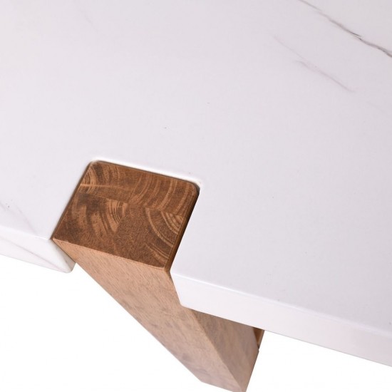 COMET Set Τραπεζαρία Ξύλινη: Τραπέζι+6 Καρέκλες, Φυσικό με Mdf Άσπρο Μάρμαρο,Ύφασμα Άσπρο 200x100x77