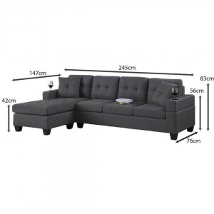 JORDAN Καναπές Σαλονιού Γωνία Αναστρέψιμος, Ύφασμα Γκρι, Μπράτσα με ποτηροθήκες 245x147x76cm H.83cm