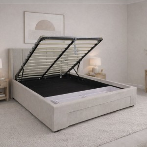 NEBRASKA Κρεβάτι Διπλό με Αποθηκευτικό Χώρο+2 Συρτάρια, για Στρώμα 160x200cm, Ύφασμα Μπεζ  172x222x120cm