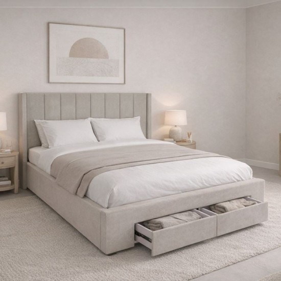 NEBRASKA Κρεβάτι Διπλό με Αποθηκευτικό Χώρο+2 Συρτάρια, για Στρώμα 160x200cm, Ύφασμα Μπεζ  172x222x120cm