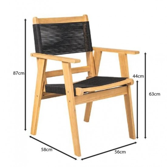 COFFEE Dining Πολυθρόνα Βεράντας - Κήπου, Ξύλο Ακακία Φυσικό, Rope Wicker Μαύρο 58x56x87cm