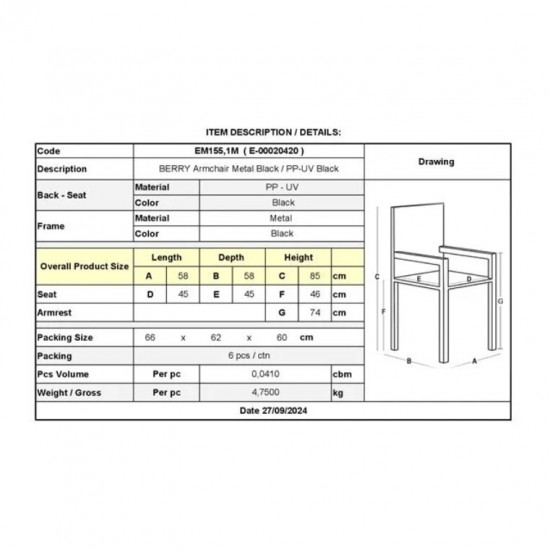 BERRY Πολυθρόνα Μέταλλο Βαφή Μαύρο, PP-UV Μαύρο 58x58x85cm