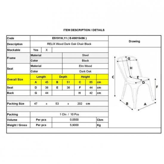 RELIX Wood Καρέκλα-Pro, Στοιβαζόμενη, Μέταλλο Βαφή Μαύρο, Κάθισμα Dark Oak 45x51x85cm