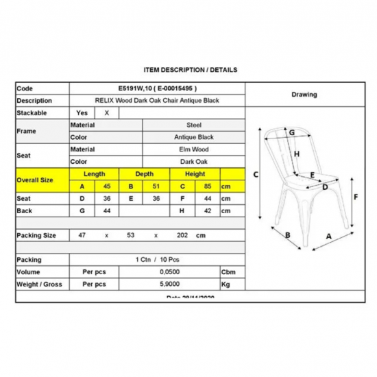 RELIX Wood Καρέκλα-Pro, Στοιβαζόμενη, Μέταλλο Βαφή Antique Black,Κάθισμα Dark Oak 45x51x85cm