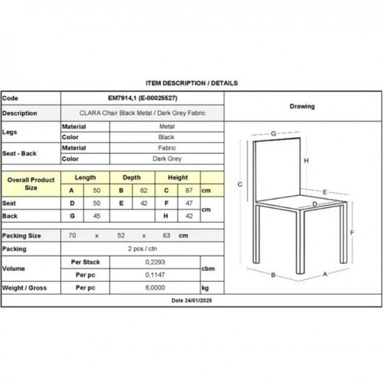 CLARA Καρέκλα Τραπεζαρίας Μέταλλο Βαφή Μαύρο, Ύφασμα Σκούρο Γκρι 50x62x87cm