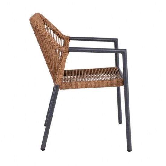 DINA Πολυθρόνα Βεράντας-Κήπου ALU Ανθρακί, Rope Wicker Φυσικό, Στοιβαζόμενη 56x60x84cm