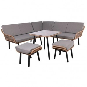 SALSA CORNER Σαλόνι-Καθιστικό: Τραπέζι + Καναπές Γωνία + 2 Σκαμπό, Μέταλλο-Wicker Φυσικό