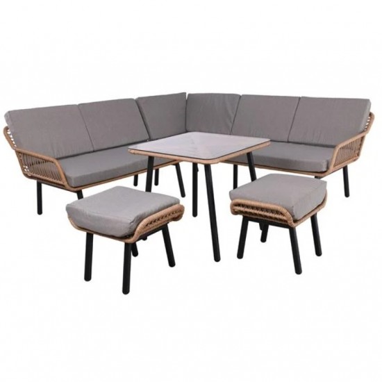 SALSA CORNER Σαλόνι-Καθιστικό: Τραπέζι + Καναπές Γωνία + 2 Σκαμπό, Μέταλλο-Wicker Φυσικό