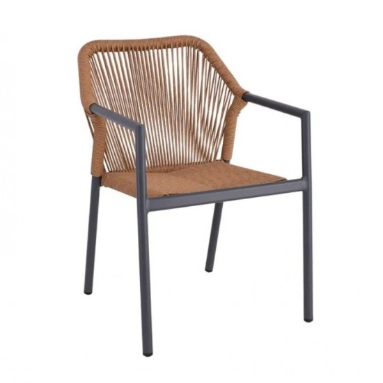 DINA Πολυθρόνα Βεράντας-Κήπου ALU Ανθρακί, Rope Wicker Φυσικό, Στοιβαζόμενη 56x60x84cm