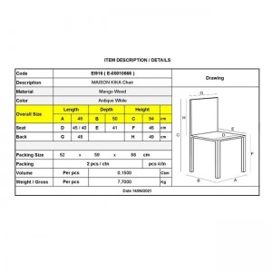 MAISON KIKA Καρέκλα Dining Ξύλo Mango - Antique Άσπρο 46x50x94cm