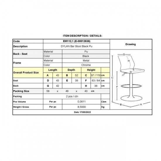 DYLAN Σκαμπό BAR με Πλάτη, Χρώμιο, PU Μαύρο 40x52x97/118cm