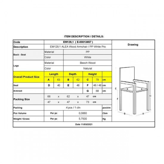ALEA Wood Πολυθρόνα Τραπεζαρίας Ξύλο, PP Άσπρο 63x62x79cm