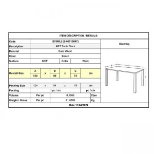 ART Τραπέζι Τραπεζαρίας Κουζίνας, Μαύρο MDF, Πόδια Οξιά Φυσικό 120x80x73cm