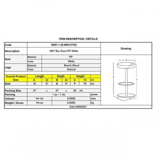 ART Σκαμπό BAR, Ξύλο Φυσικό, PP Άσπρο 42x42x78cm