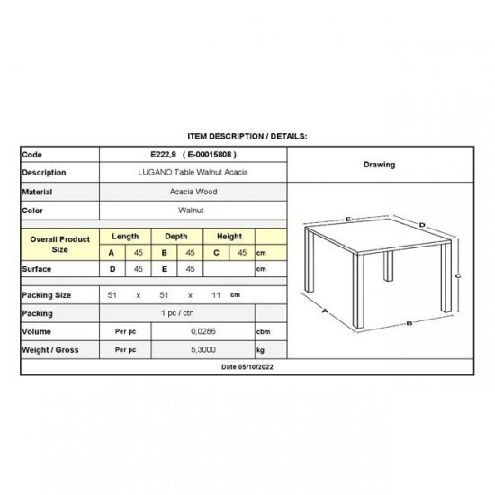 LUGANO Τραπεζάκι Βοηθητικό Ξαπλώστρας, Ξύλο Acacia Απόχρωση Καρυδί 45x45x45cm