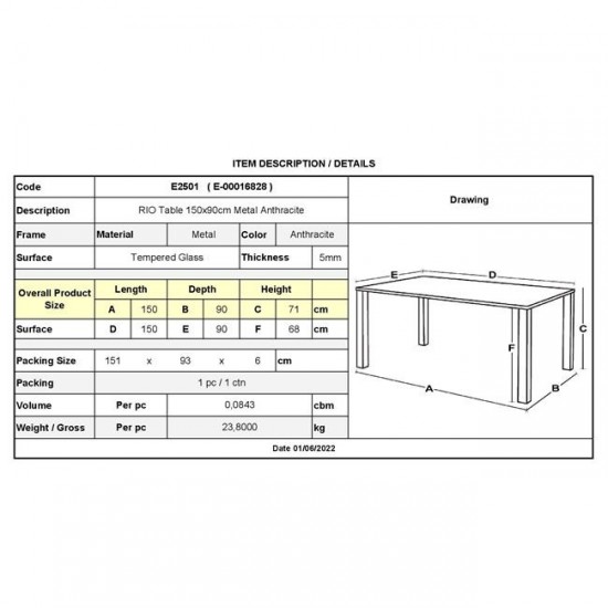 RIO Τραπέζι Κήπου - Βεράντας, Μέταλλο Βαφή Ανθρακί, Γυαλί 150x90x71cm