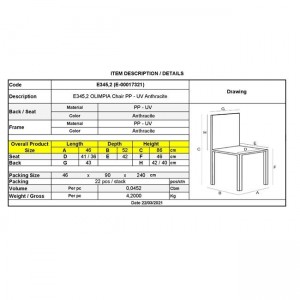 OLIMPIA Καρέκλα Τραπεζαρίας Κήπου Στοιβαζόμενη, PP - UV Protection, Απόχρωση Ανθρακί 46x52x86cm