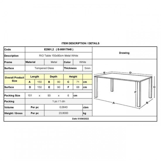 RIO Τραπέζι Κήπου - Βεράντας, Μέταλλο Βαφή Άσπρο, Γυαλί 150x90x71cm