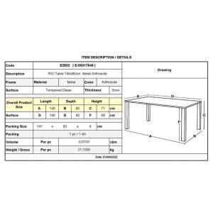 RIO Τραπέζι Κήπου - Βεράντας, Μέταλλο Βαφή Ανθρακί, Γυαλί 140x80x71cm