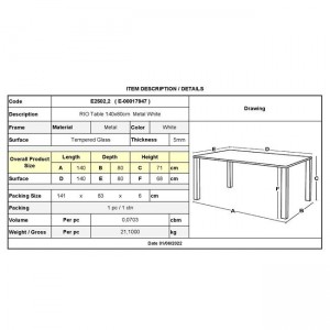 RIO Τραπέζι Κήπου - Βεράντας, Μέταλλο Βαφή Άσπρο, Γυαλί 140x80x71cm