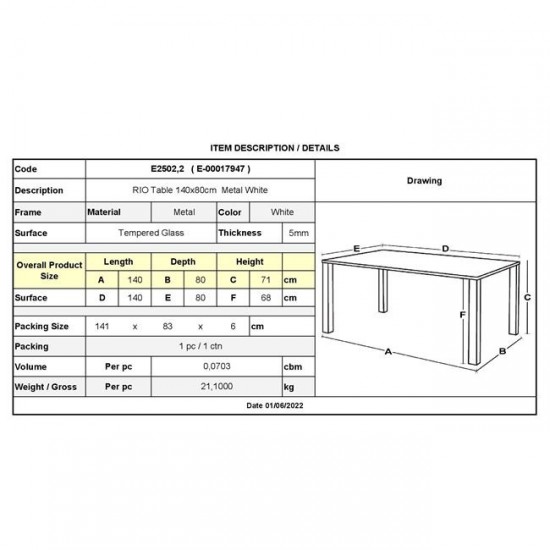 RIO Τραπέζι Κήπου - Βεράντας, Μέταλλο Βαφή Άσπρο, Γυαλί 140x80x71cm