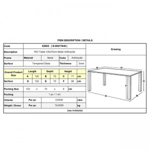 RIO Τραπέζι Κήπου - Βεράντας, Μέταλλο Βαφή Ανθρακί, Γυαλί 120x70x71cm