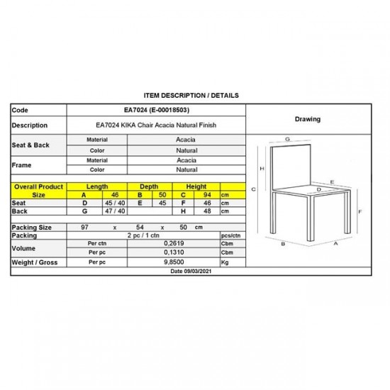 KIKA Καρέκλα Tραπεζαρίας Κουζίνας - Ξύλο Ακακία Φυσικό 46x50x94cm