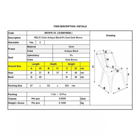 RELIX Καρέκλα-Pro, Στοιβαζόμενη, Μέταλλο Βαφή Antique Black, Pu Σκούρο Καφέ 45x51x82cm