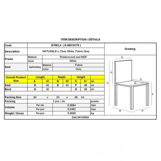 NATURALE Καρέκλα Άσπρο, Ύφασμα Γκρι 42x50x91cm