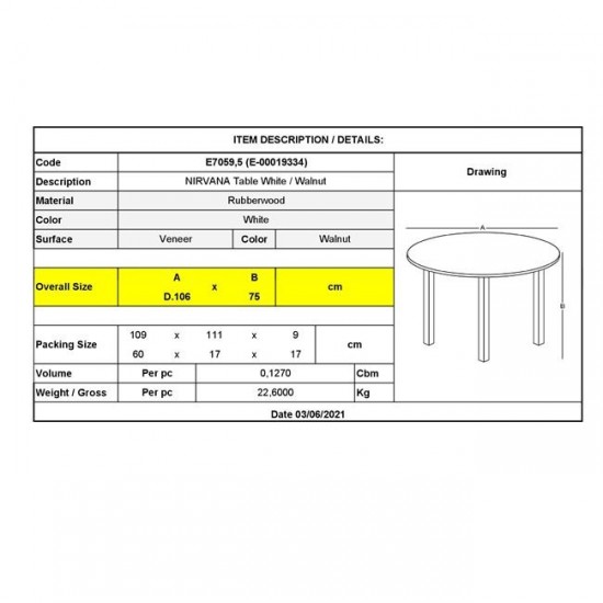 NIRVANA Τραπέζι Τραπεζαρίας Κουζίνας, Άσπρο - Καρυδί Φ106x75cm