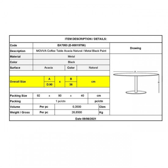 MOVVA ΤΡΑΠΕΖΙ ΣΑΛΟΝΙΟΥ ΑΚΑΚΙΑ ΦΥΣΙΚΟ, ΜΕΤΑΛΛΟ ΜΑΥΡΟ  Φ90x36cm