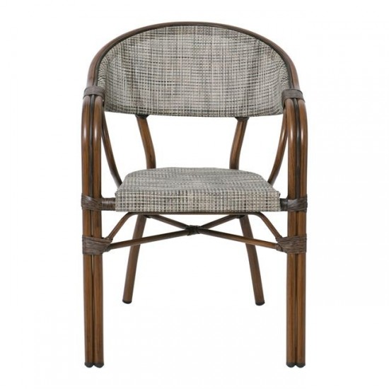 VEGERA Πολυθρόνα Dining Αλουμίνιο Βαφή Καρυδί Textilene Μπεζ, Στοιβαζόμενη 57x58x83cm