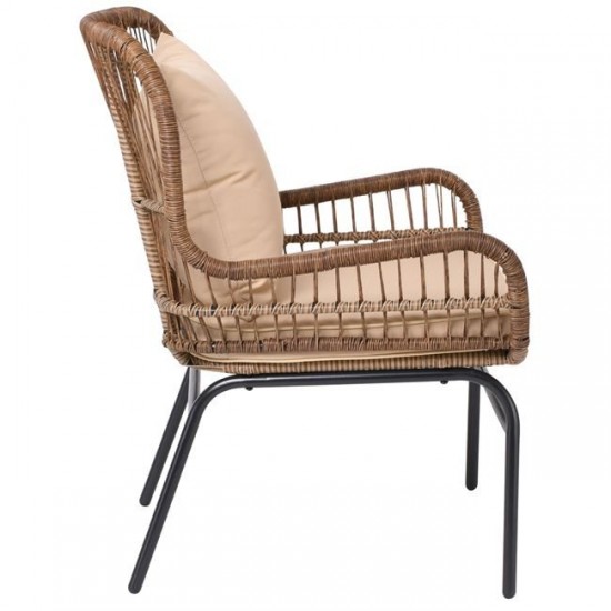 SALSA MAX Πολυθρόνα Μέταλλο Βαφή Μαύρο, Wicker Φυσικό, Μαξιλάρι Μπεζ 64x69x89cm