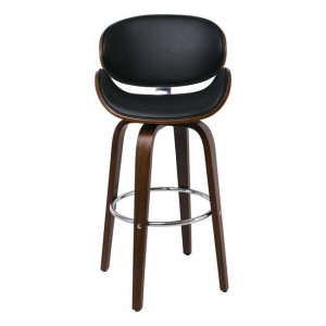 GOMEZ Σκαμπό BAR με Πλάτη, Απόχρωση Καρυδί, PU Μαύρο Περιστρεφόμενο 